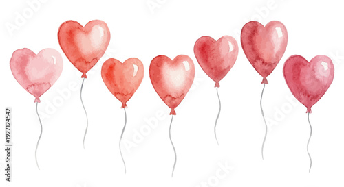 A charming watercolor collection of heart-shaped balloons, featuring soft pink and red hues, glossy highlights, delicate strings, and romantic floating forms.