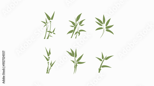 Six stylised bamboo plant illustrations, rendered in green, with varied leaf and stem arrangements on white