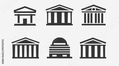 Collection of stylized, simple black and white illustrations of classical building facades