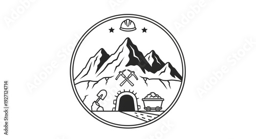 Mining industry emblem featuring mountains, tools, and a mine entrance, a symbol of labor.