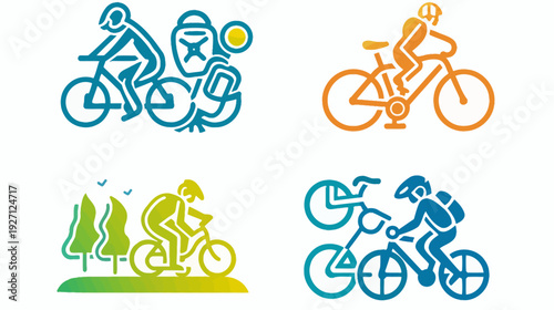 Four stylized illustrations of people biking, showcasing various cycling activities and scenery
