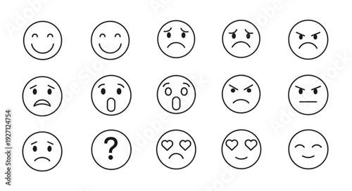 Collection of various hand drawn emoji faces expressing different emotions and feelings.