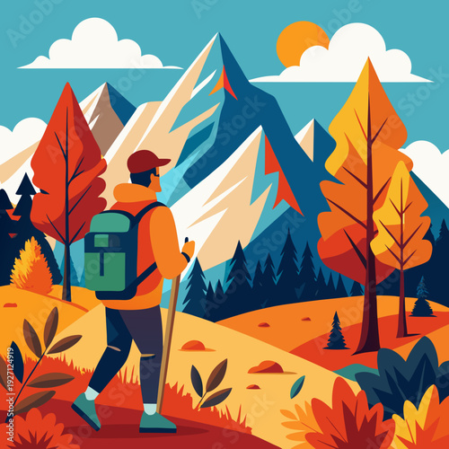 Autumn mountains hiking flat color vector poster