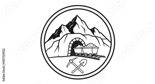 Mining industry emblem featuring mountains, tunnel, mine carts, and tools.