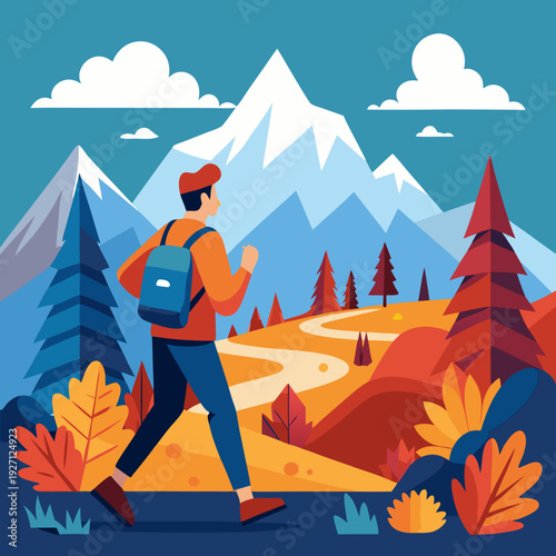 Autumn mountains hiking flat color vector poster