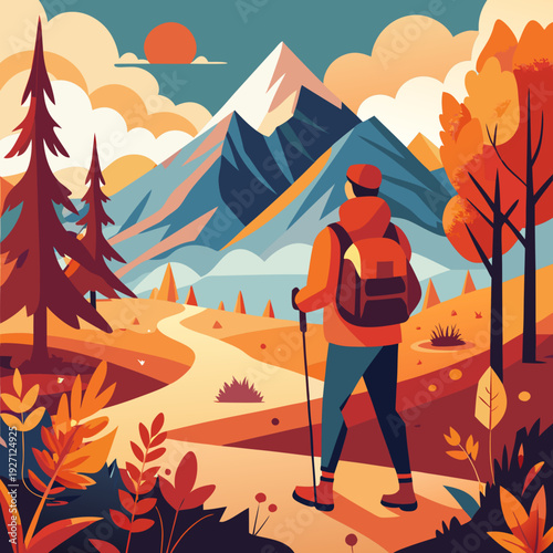 Autumn mountains hiking flat color vector poster