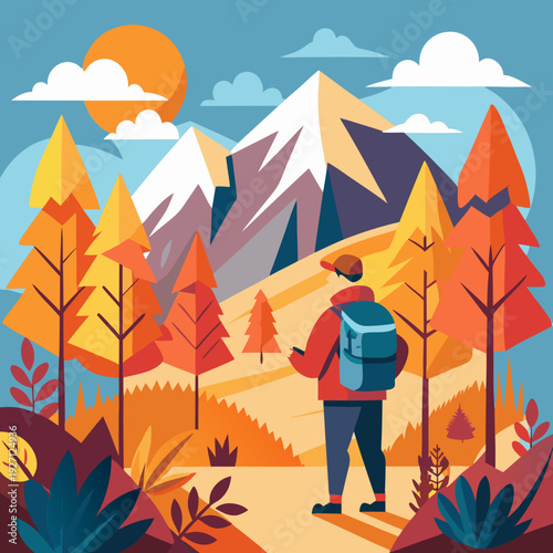 Autumn mountains hiking flat color vector poster