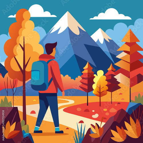 Autumn mountains hiking flat color vector poster