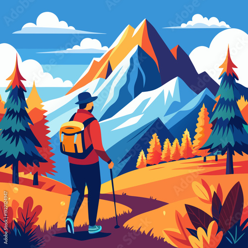 Autumn mountains hiking flat color vector poster