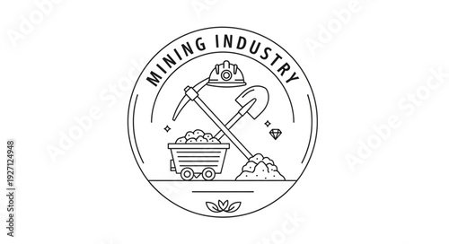 Mining Industry Emblem Depicting Tools and Equipment for Extraction.