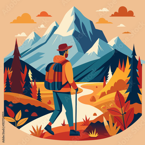 Autumn mountains hiking flat color vector poster