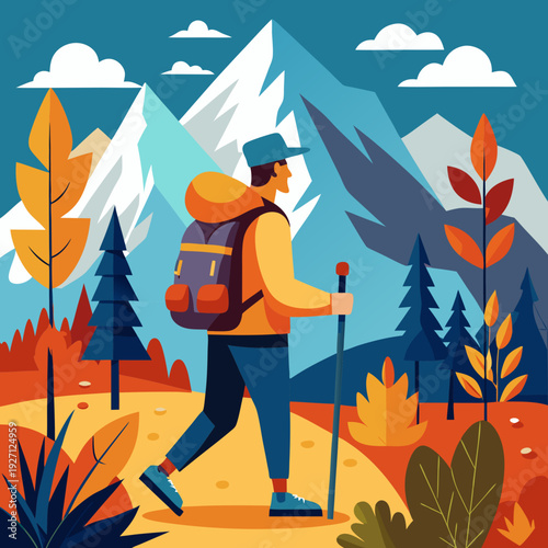 Autumn mountains hiking flat color vector poster