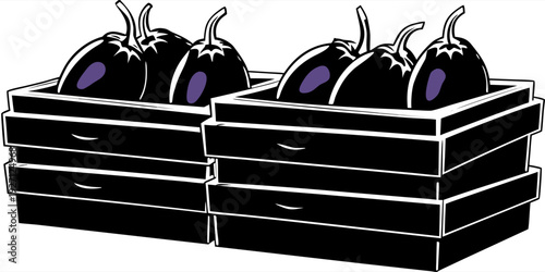 Four wooden crates, each filled with eggplants, are arranged across the image. The eggplants are deep purple, with a glossy sheen and green stems. The crates are made of light-colored wood, with visib