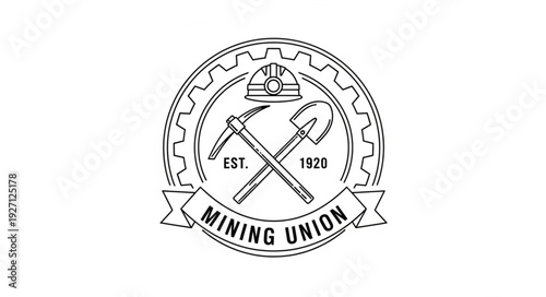 Vintage Mining Union Emblem Depicting Tools and Gear Symbolizing Industry.