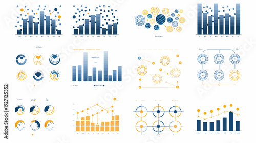 Data visualization set with bar graphs, circular charts, and line graphs in blue and orange