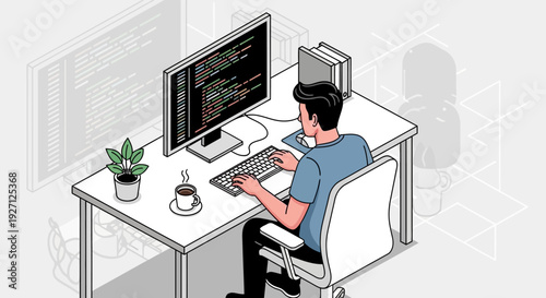 Man coding on a computer at a desk with a plant and coffee