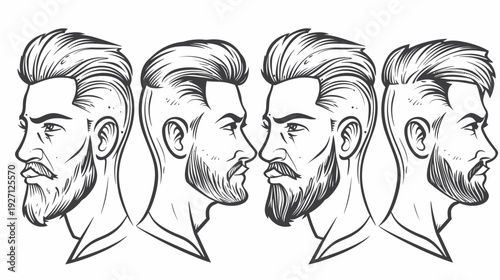 A monochrome illustration showcasing four male portraits in profile view, featuring various beard styles