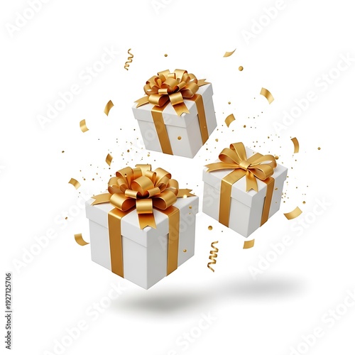 Wallpaper Mural Three white gift boxes with gold ribbons floating with gold confetti on a white background Torontodigital.ca