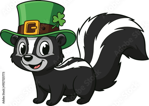 Cartoon skunk wearing leprechaun hat with shamrock, festive St. Patrick’s Day vector illustration