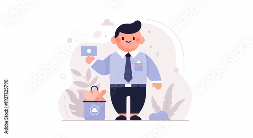 A cheerful person in formal attire holding a card, with a bucket and foliage nearby