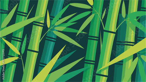 Abstract bamboo stalks and leaves with dark green background, modern pattern