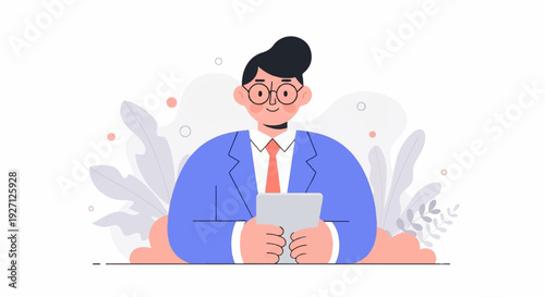 A smiling person in a blue suit and orange tie holds a tablet, surrounded by abstract plants