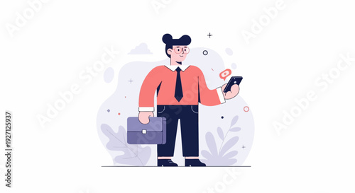 A business person with a briefcase holds a smartphone, styled in a flat, cartoonish art