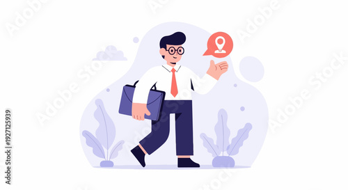 A businessman walks, holding a briefcase and pointing with a location pin icon