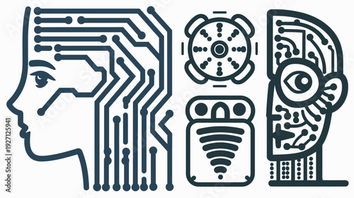 Stylized digital illustrations of circuit boards and robotic forms. Technology and AI concepts