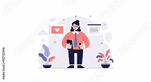 Stylized character with glasses and tie holding book and phone amidst abstract shapes and plants