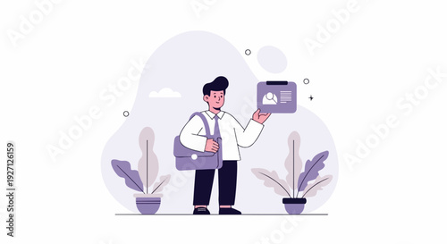 Young man in suit holding a profile card with plants and abstract shapes