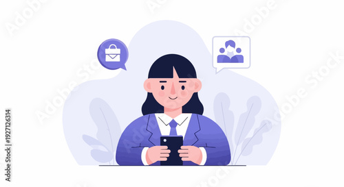 A woman in a suit uses a mobile phone, with business and team icons