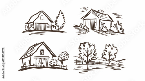 Four hand-drawn illustrations of rural buildings houses and barns, with surrounding trees and a fence