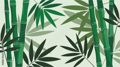Green bamboo stalks and various leaves creating a decorative natural frame on a light background