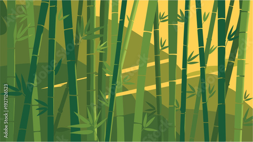Lush bamboo forest illuminated by the warm glow of sunlight, creating a vibrant natural backdrop