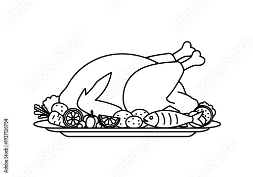 A simple outlined icon of a perfect roasted turkey with vegetables and fish on a large platter outline icon