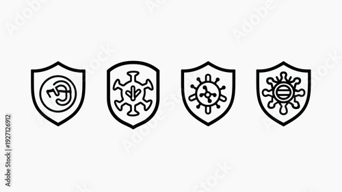 A set of four shield-shaped icons with black outline, each containing a different design