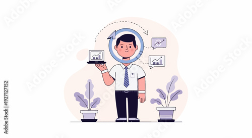Man holding laptop with graphs, cycle arrows, and potted plants