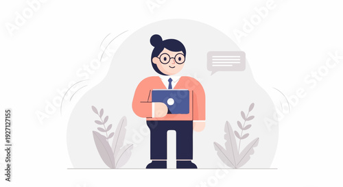 Cartoon person holding laptop with chat bubble and plant elements in muted colors