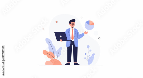 A man in a suit holds a laptop and gestures towards a pie chart, with abstract plants