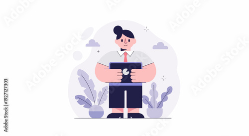 A stylized person in formal attire holds a laptop, standing amidst potted plants and abstract shapes