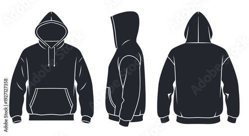 Dark Navy Blue Hooded Sweatshirt Flat Fashion Technical Drawing with Front, Side, and Back Views, isolated white background