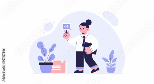 Cheerful person holds a tablet with a target icon, amidst plants and crates