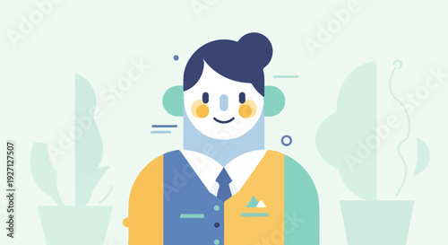 A stylized portrait of a cheerful person in a suit with plants flanking them