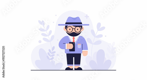 Cartoon man in hat, glasses, and suit holding a phone amidst whimsical foliage