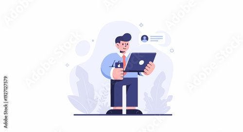 A flat illustration of a smiling businessman holding a laptop and a smartphone, with a chat bubble above him