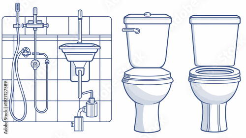 Line art illustration of a bathroom setup with a shower, sink, and toilet in a minimalistic style