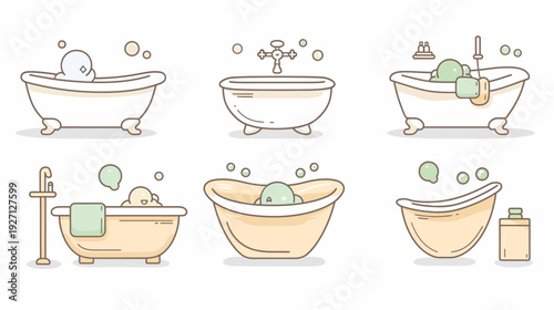 Set of six cute cartoon bathtubs with bubbles and bath accessories in soft pastel colors