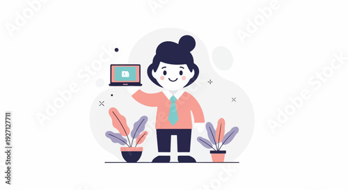 Person in office attire holding a laptop with plants and abstract shapes