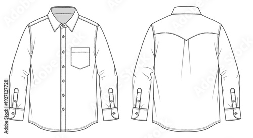 White Long Sleeve Collared Shirt Flat Fashion Technical Drawing with Front and Back Views, isolated white background